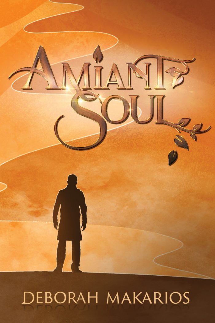 Front cover of book with fantasticated title typography reading Amiant Soul. The illustration shows a silhouetted figure looking out over a sinuous desert dune. At the foot, in simpler text, the name Deborah Makarios.