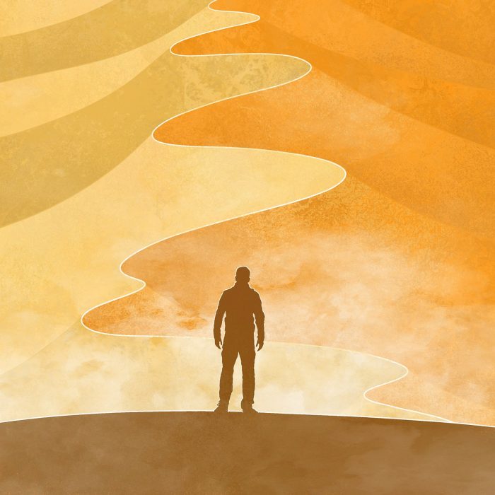 Illustration of silhouetted man facing desert dunes.
