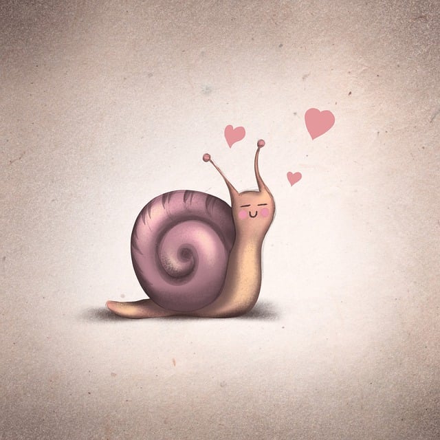 illustration of a smiling and blushing snail with hearts floating round its head