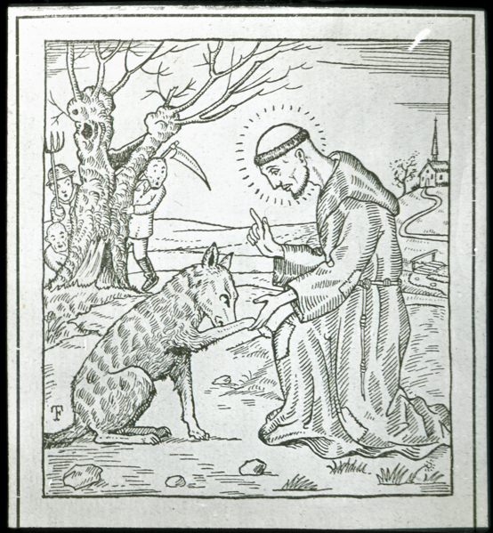 Woodcut style illustration of a monk with a halo, kneeling to shake hands with a wolf.