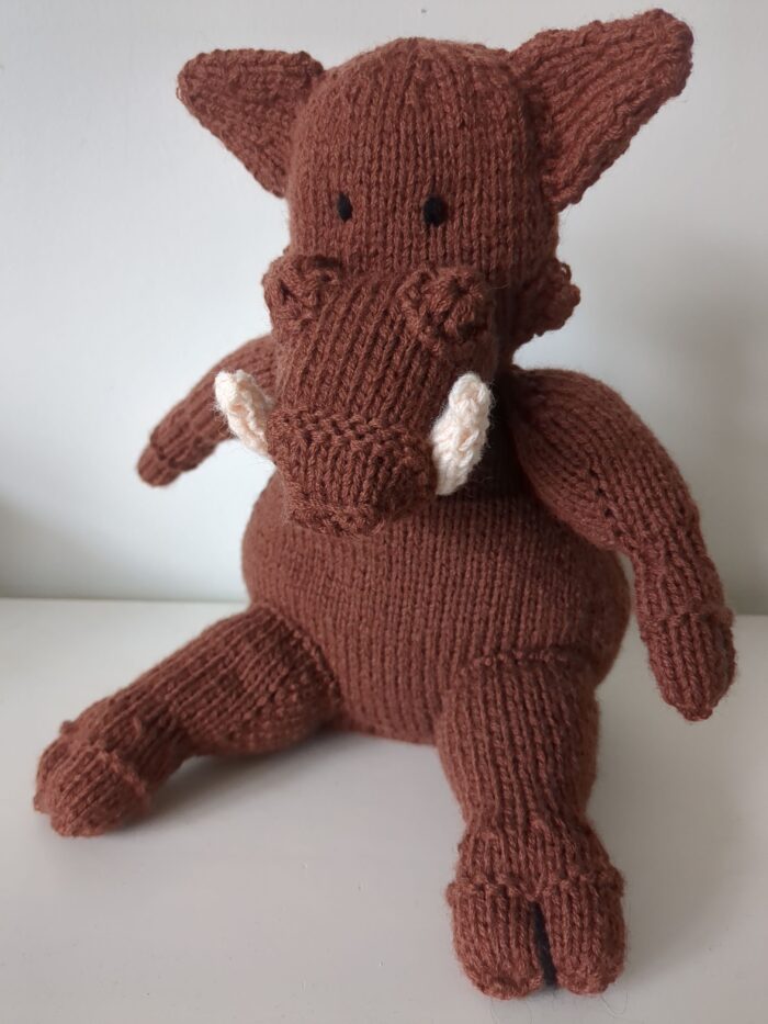Knitted warthog (complete with warts).