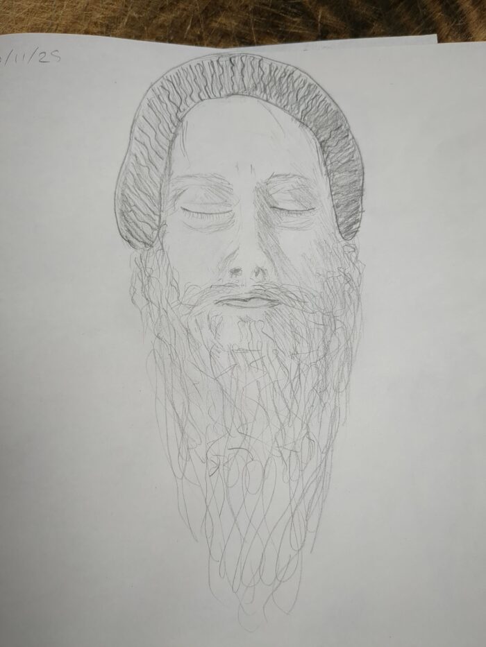 A pencil drawing on smooth white paper of a man with a knitted hat and long beard, eyes closed.