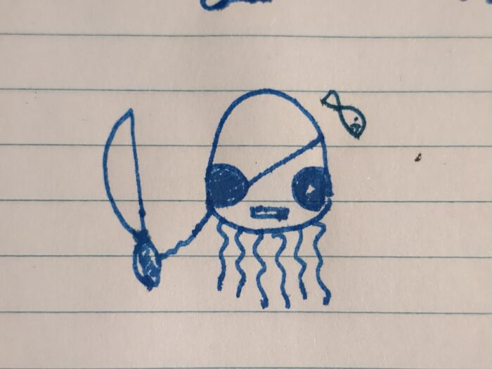 A blue ink drawing on lined paper of a jellyfish with eyepatch, cutlass, and tiny accompanying parrotfish.