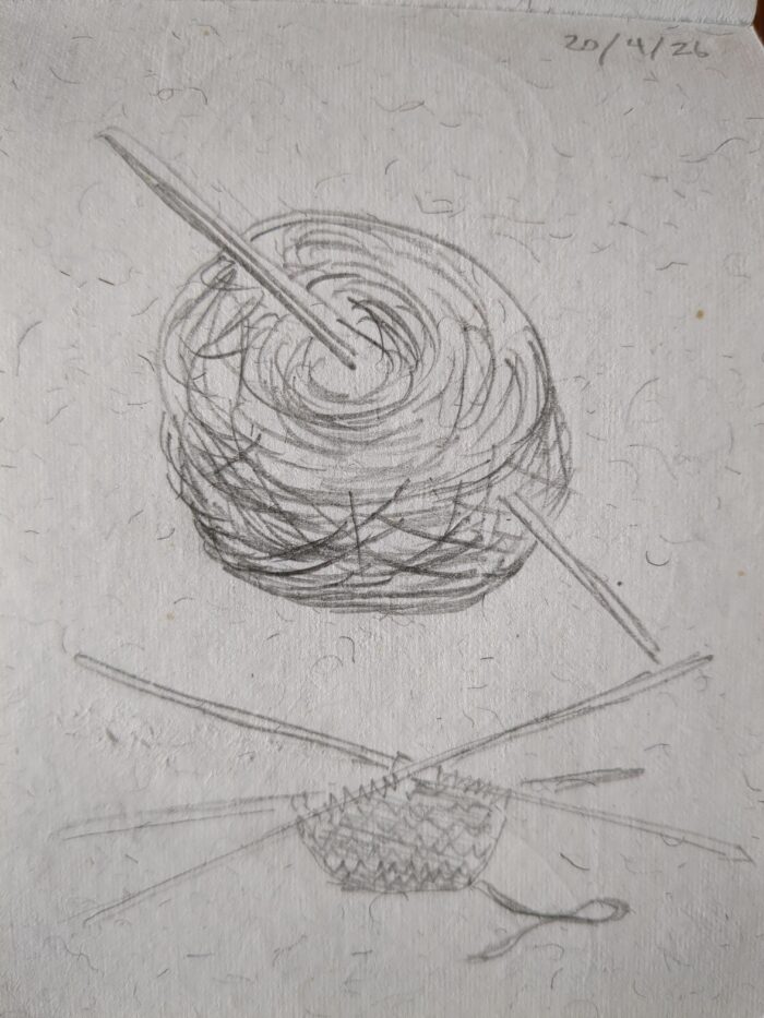 A pencil sketch on rough hairy paper of a cake of yarn with a double pointed knitting needle thrust through it. Nearby, three other double pointed needles hold the beginnings of a sock - the toe end.