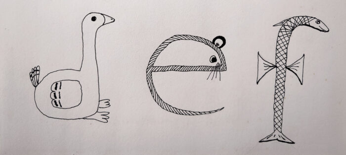 Three black and white ink drawings showing, from left to right: a vaguely duck-like bird in the shape of a lower-case d, a stylized mouse in the shape of a lower-case e, and a stylized fish in the shape of a lower-case f.