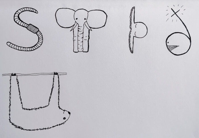 Five drawings in black ink. In the top row: an earthworm in the shape of an S, an elephant seen from the front with its ears akimbo in the shape of an upper case T, an octopus with its tentacles stretching up and down to form the shape of the letter thorn, and an anglerfish in the shape of the lower case letter eth. In the bottom row, a sloth hanging from a branch in the shape of the letter U, and then white space.